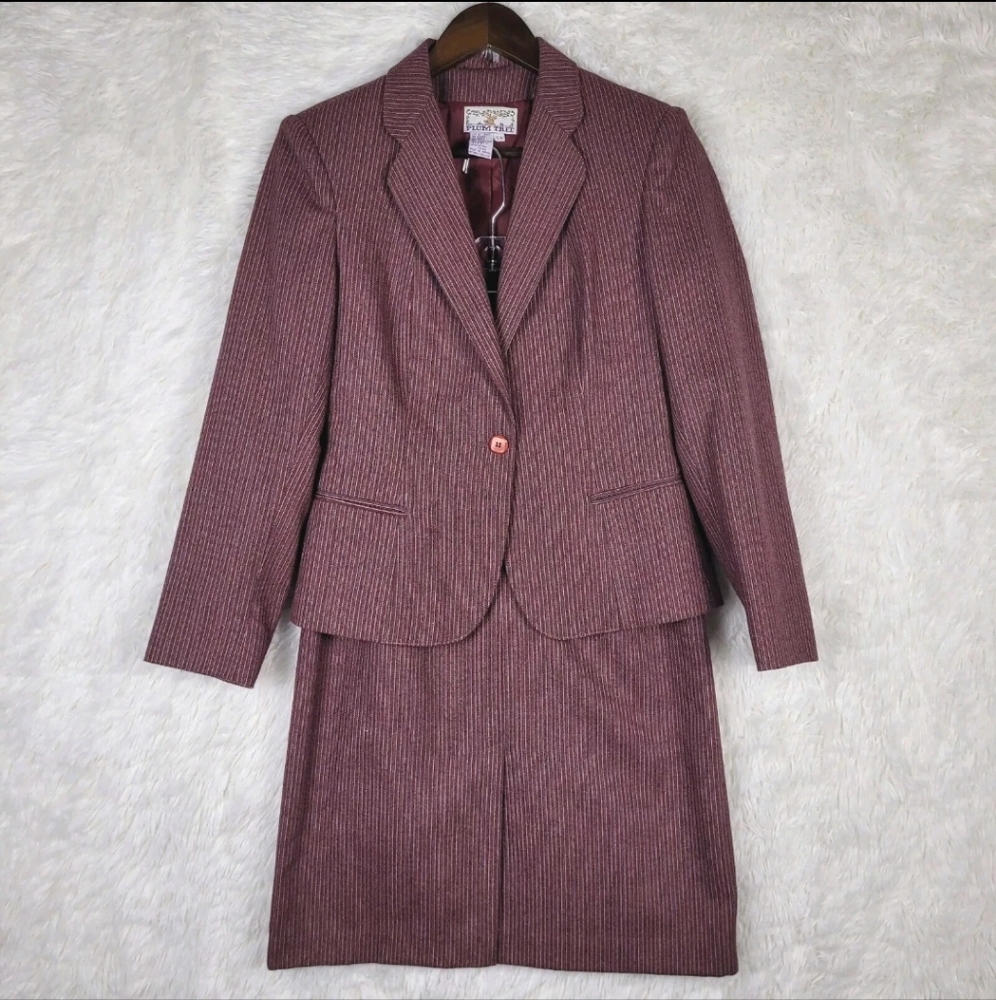 Vtg Sz 9 Plum Tree Wool‎ Blend Skirt Suit Set Pinstripe Business Classic